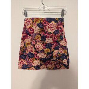 ZARA Multi Color Printed Ruched Floral Mini Skirt Cotton S 2803/605 Side Zip